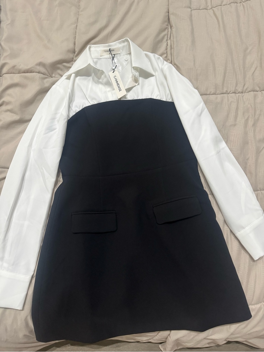 Commense Black and White Two-Tone Mini Shirt Dress